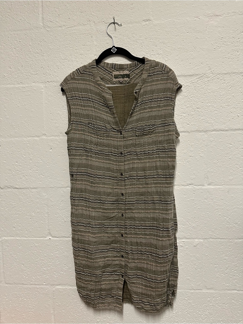 Prana Olive Green Striped Midi Button-Front Dress